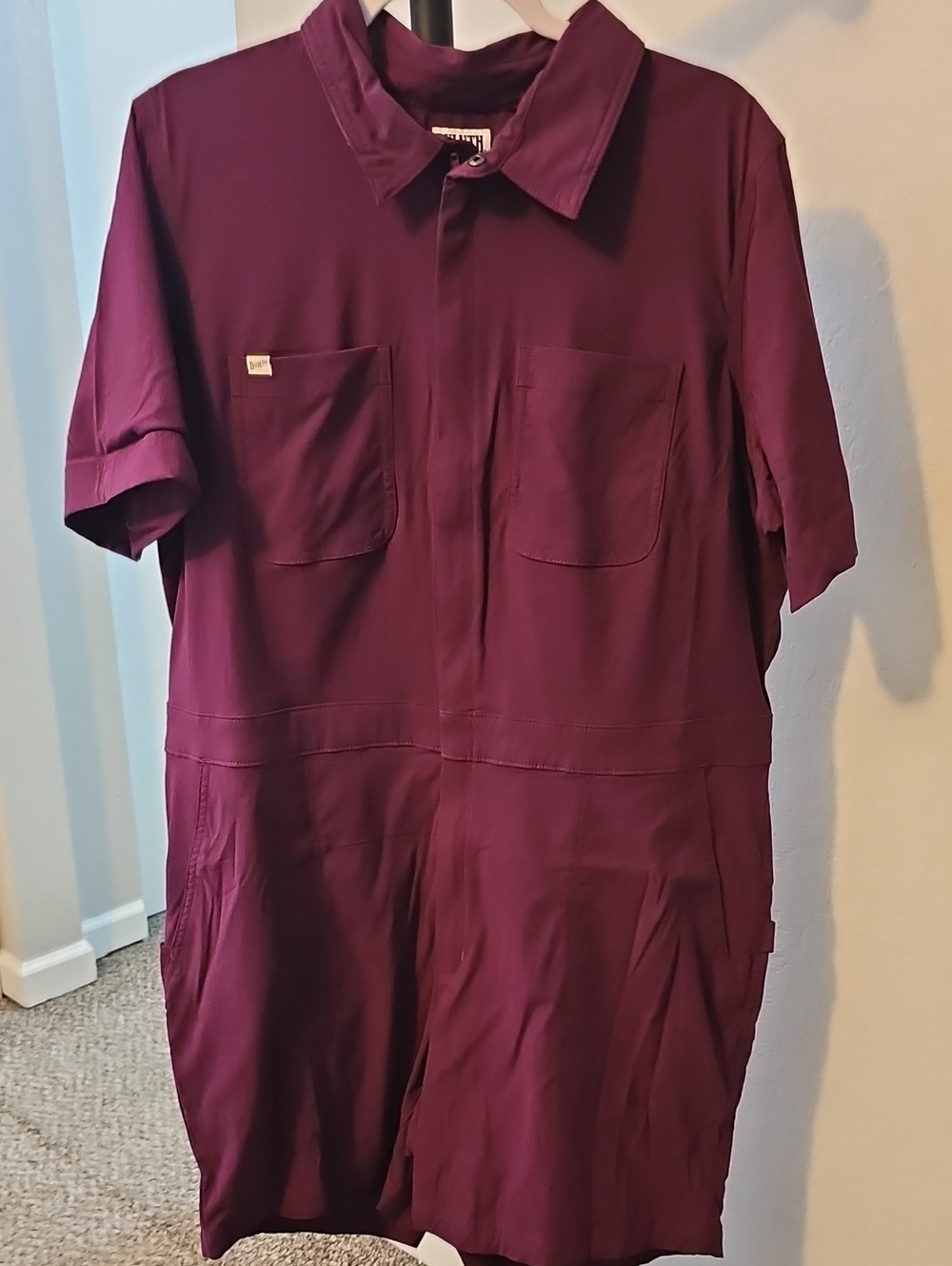 Short-Sleeve Utility Romper Jacket in Deep Plum